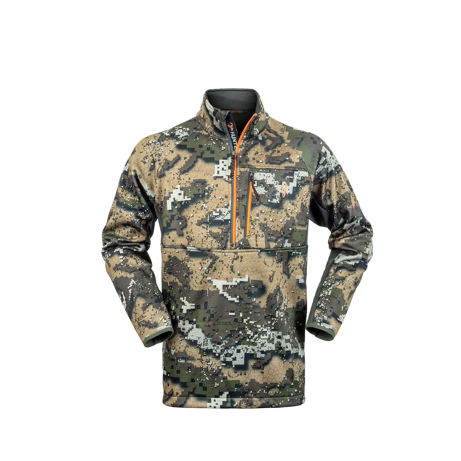 A camouflage patterned mid-layer top with a high collar, half front zipper, and zippered chest pocket, designed for outdoor activities.