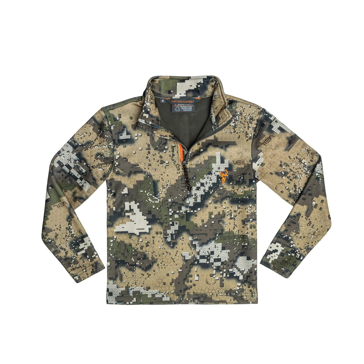 A child&#39;s camouflage hunting shirt with a high collar, half zipper, and branding on the chest.